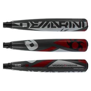 Side view of a black baseball bat with red and white graphics and VOODOO INSANE text.