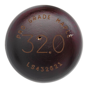 Top-down view of a dark brown baseball bat end with engraved PRO GRADE MAPLE, 32.0, and LS432621 text.