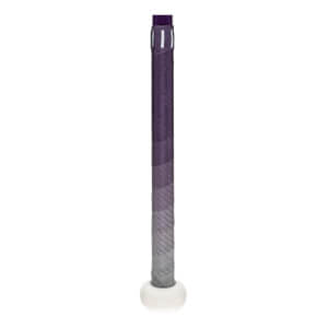 Close-up of a purple and gray softball bat grip with white stripes and a white knob.