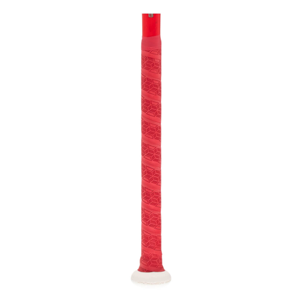 Close-up of a red softball bat handle with a textured geometric grip and a white knob.