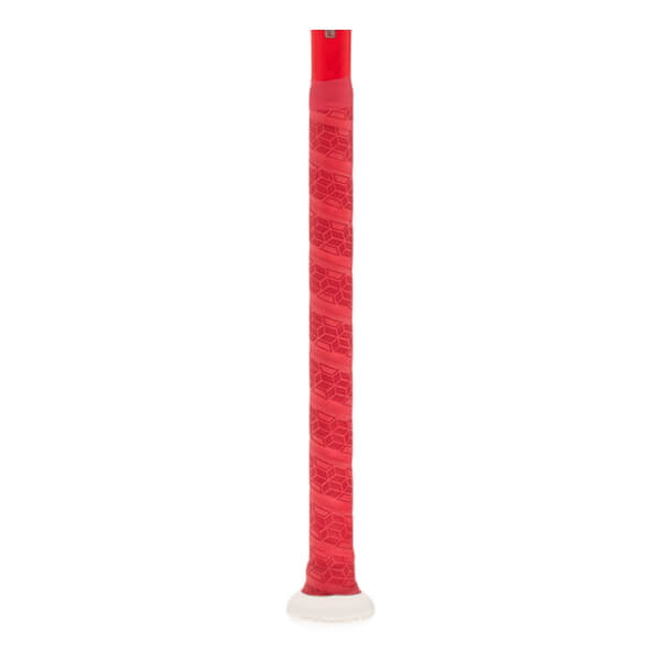 Close-up of a red softball bat handle with a textured geometric grip and a white knob.