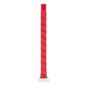 Close-up of a red softball bat handle with a textured geometric grip and a white knob.