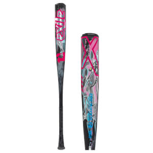 Full view and barrel close-up of a black baseball bat with pink EXILE text and detailed cyborg graphics.