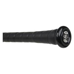 Close-up of a black baseball bat grip with 33 and Easton logo.