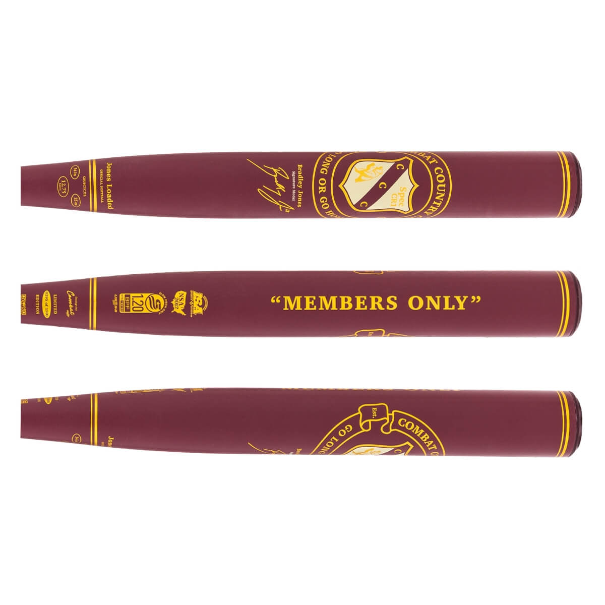 Three views of a maroon slow pitch softball bat with gold text and logos.