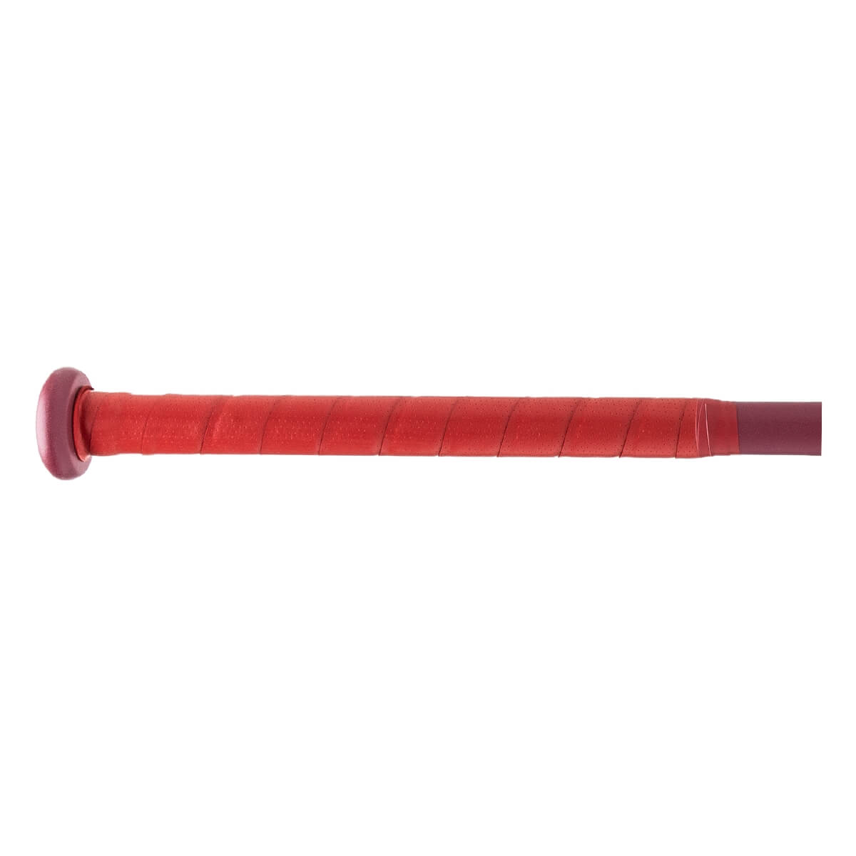 Side view of a red softball bat with a textured grip and maroon end cap.