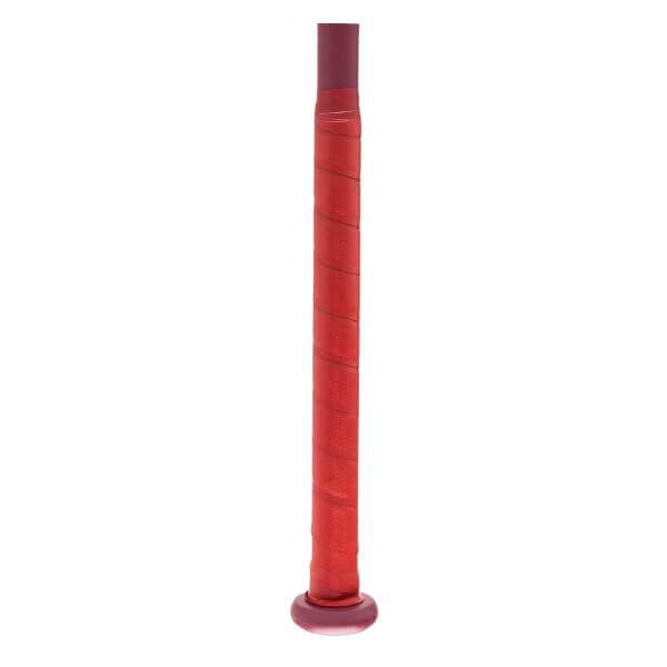 Close-up of a red softball bat grip with a maroon end cap.
