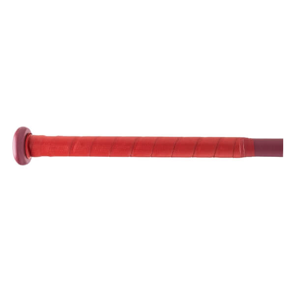 Side view of a red softball bat with a textured grip and maroon end cap.
