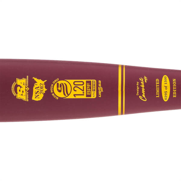 Close-up of a maroon slow pitch softball bat with ISA, NSA 2012, 1.20 BPF, USSSA, and Combat mfg logos.