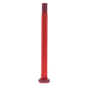 Close-up of a red softball bat grip with a maroon end cap.