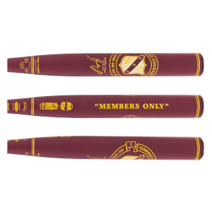 Three views of a maroon slow pitch softball bat with gold text and logos.