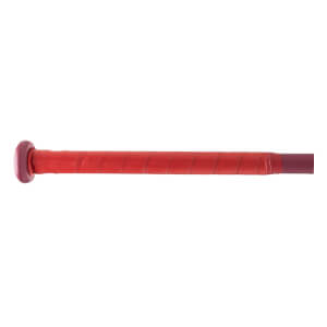 Side view of a red softball bat with a textured grip and maroon end cap.