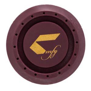 Top-down view of a maroon softball bat end cap with a gold Combat MFG logo and circular perforations.