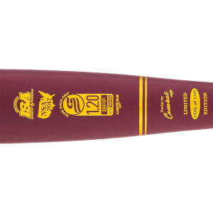 Close-up of a maroon slow pitch softball bat with ISA, NSA 2012, 1.20 BPF, USSSA, and Combat mfg logos.