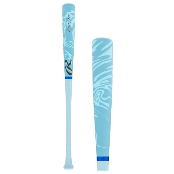 Full view and barrel detail of a light blue Rawlings Big Stick Elite bat with a white swirl pattern and blue accent bands.