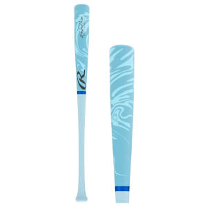 Full view and barrel detail of a light blue Rawlings Big Stick Elite bat with a white swirl pattern and blue accent bands.