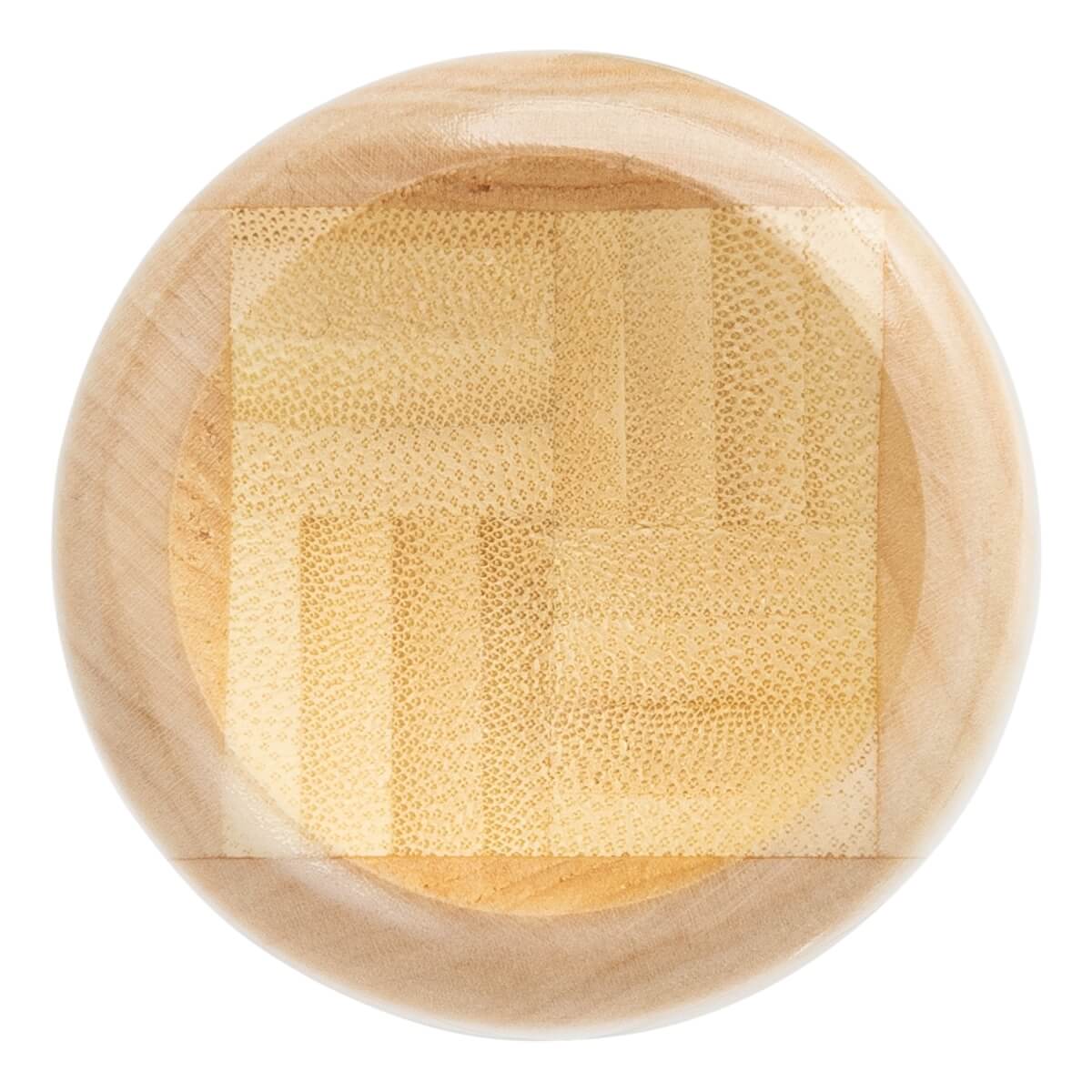 Top-down view of a light brown bat end with a square pattern bamboo core and smooth maple rim.