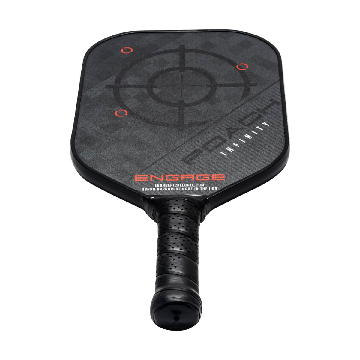 Top-down view of a black pickleball paddle with a target design, POACH INFINITY text, and ENGAGE logo.