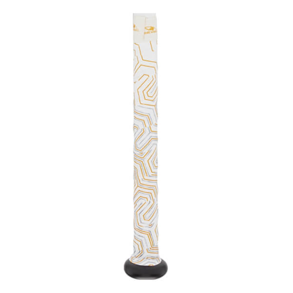 Side view of a white baseball bat grip with gold geometric lines and a black end cap.