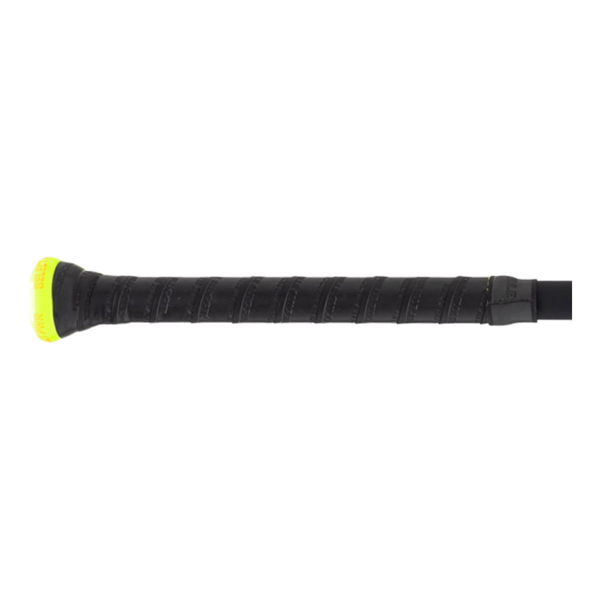 Close-up of a black bat handle with a textured spiral grip and a neon yellow knob.