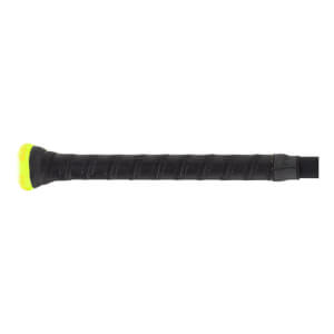 Close-up of a black bat handle with a textured spiral grip and a neon yellow knob.