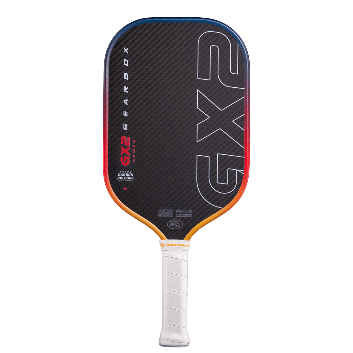 Front view of a black carbon fiber pickleball paddle with white "GX2" logo, "GX2 GEARBOX POWER," and "CARBON RIB CORE" text.