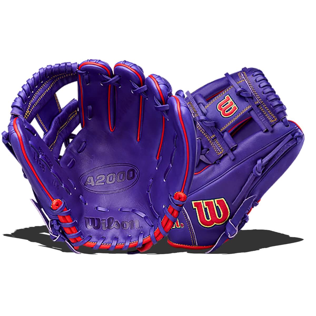 Front and back views of a purple baseball glove with red piping and yellow stitching, featuring visible Wilson, A2000, and red 'W' logos.