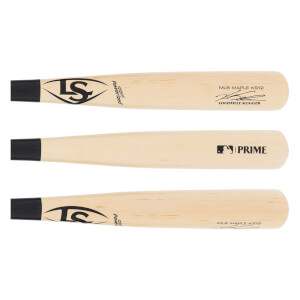 Composite view of natural wood baseball bat with black knob, Louisville Slugger and MLB PRIME logos, and player signature.
