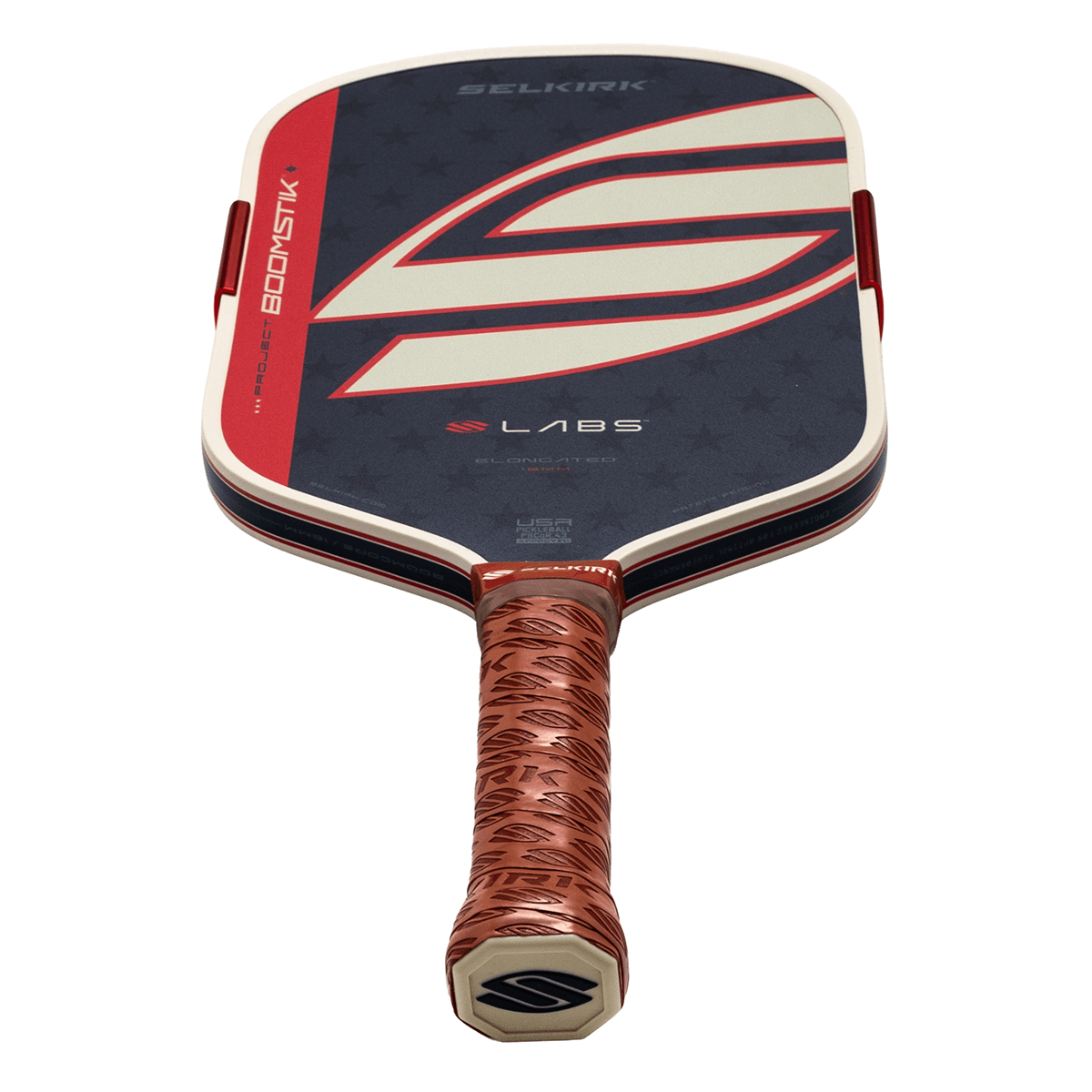 Angled bottom-up view of a Selkirk Project Boomstik Labs paddle with a navy blue star-patterned face, a large white and red S logo, and a brown textured grip.
