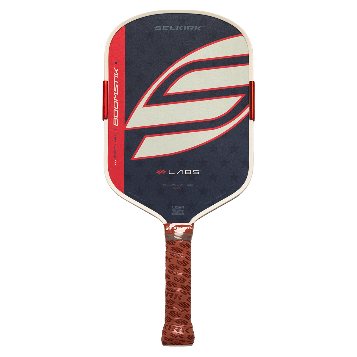 Front view of the Selkirk Project Boomstik LABS pickleball paddle featuring a large red and white stylized S logo, red side weights, and a navy star-patterned face.