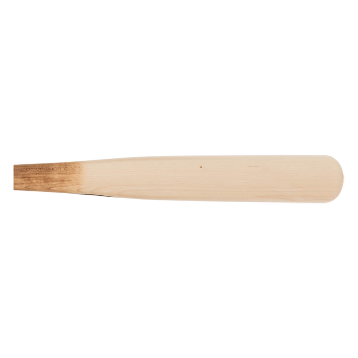 Side view of a light wood baseball bat with a darkened barrel end.