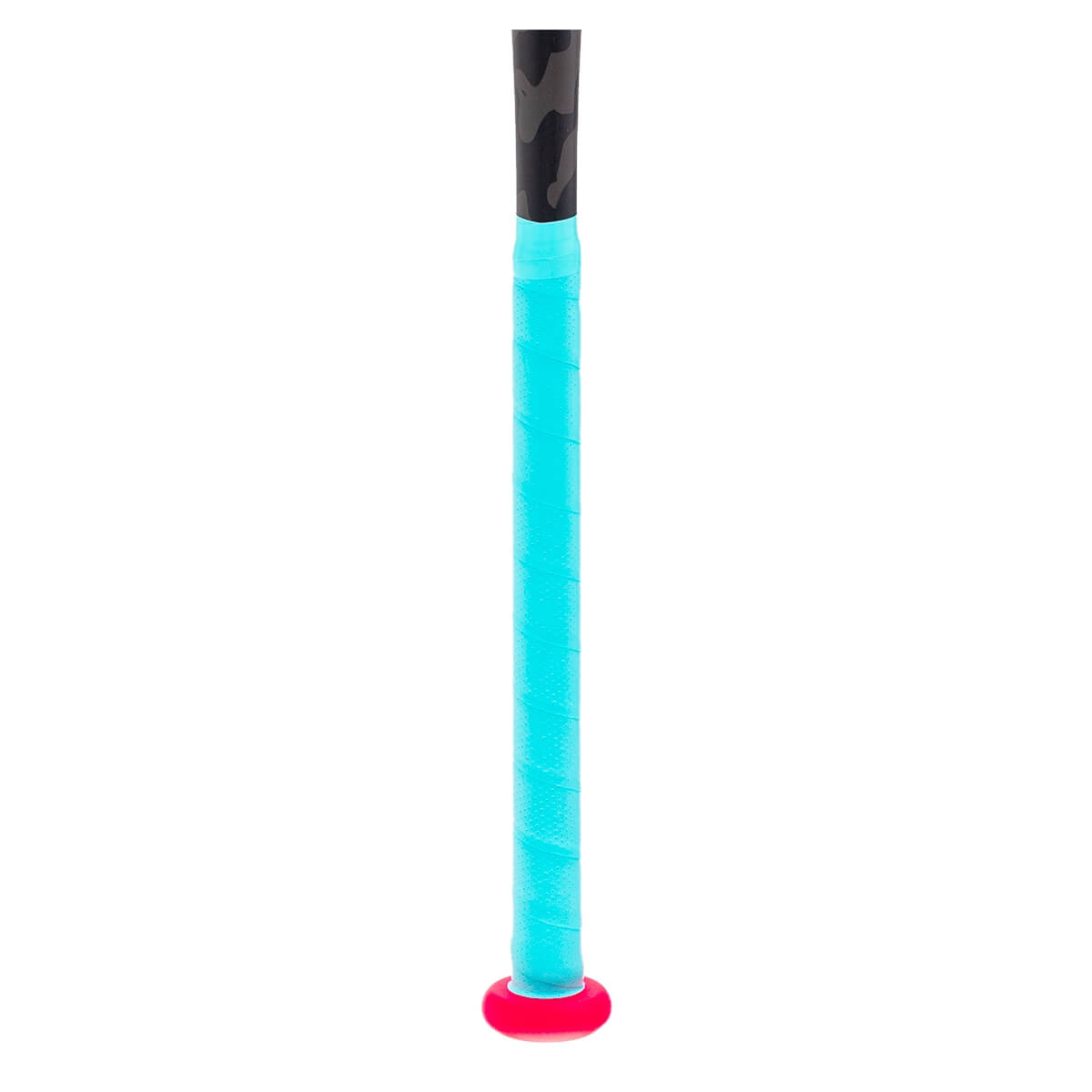 Close-up of a multi-colored bat handle with bright blue grip tape, a red knob, and a black patterned top.