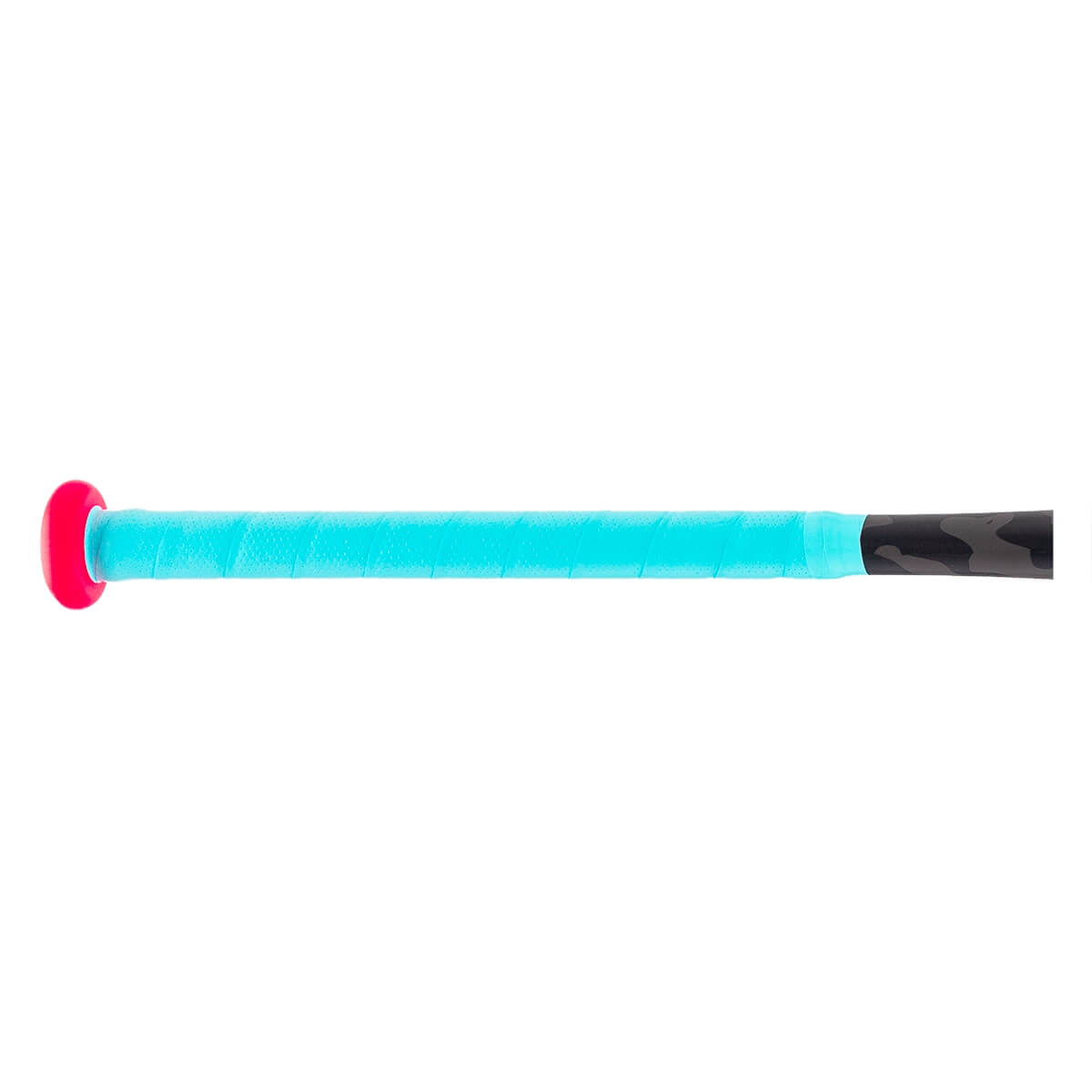 Side view of a softball bat handle with aqua grip tape, a hot pink knob, and a black and grey camouflage transition.