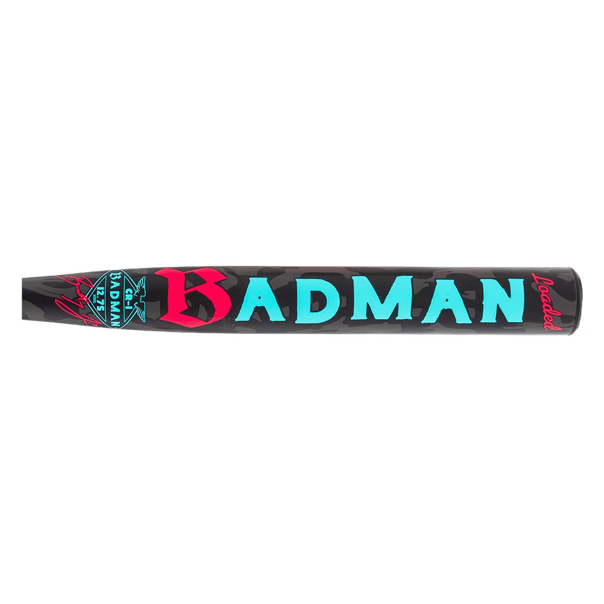Side view of a dark gray softball bat with pink and teal BADMAN text, camouflage, and Loaded text.