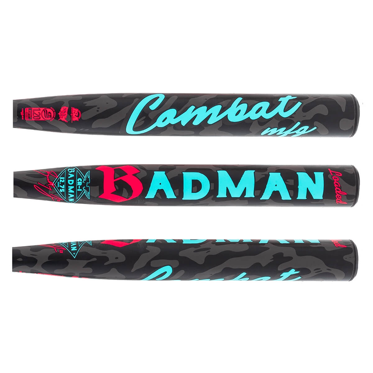Full side view of a dark gray camouflage softball bat with Combat in teal and BADMAN in teal and red.