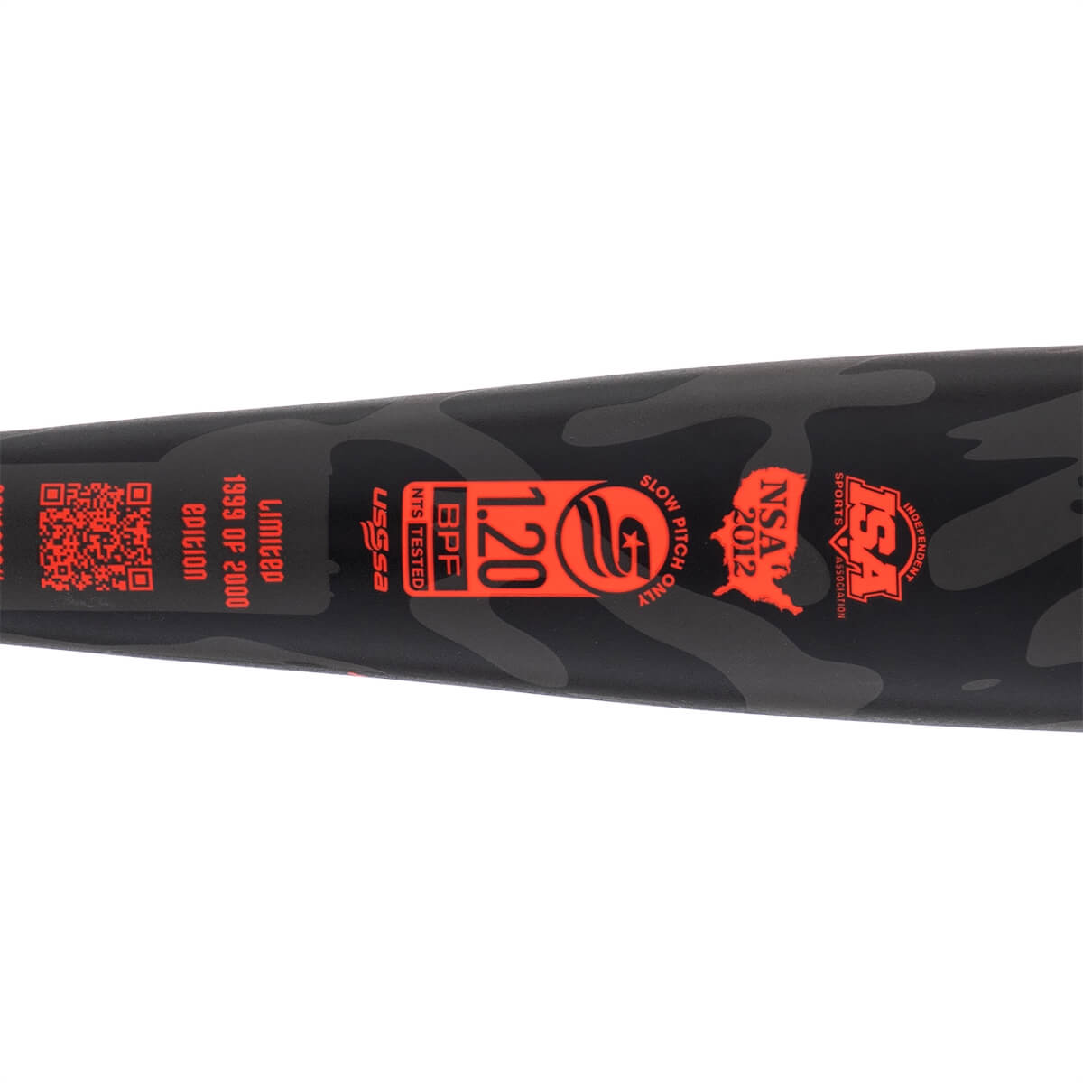 Close-up of a black and gray camouflage softball bat barrel with orange BPF 1.20 and Limited Edition text.