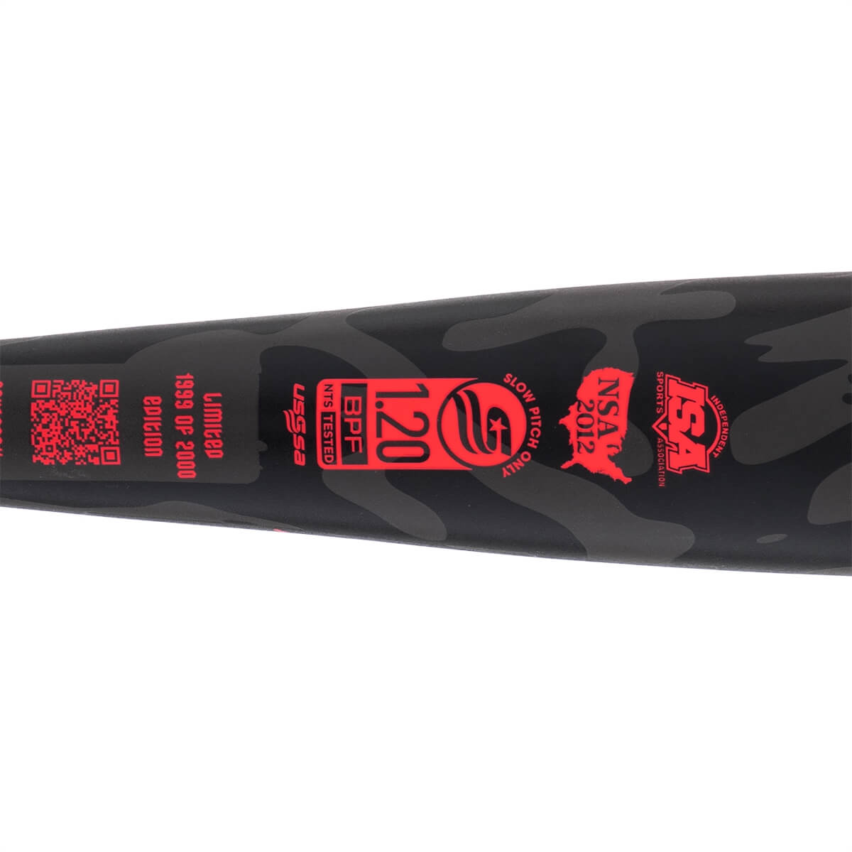 Close-up of a black and gray camouflage softball bat barrel with red USSSA, BPF 1.20, and NSA 2012 stamps.
