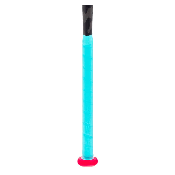 Close-up of a multi-colored bat handle with bright blue grip tape, a red knob, and a black patterned top.