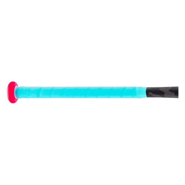 Side view of a softball bat handle with aqua grip tape, a hot pink knob, and a black and grey camouflage transition.