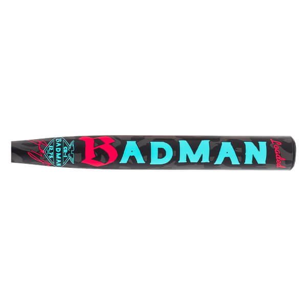 Side view of a dark gray softball bat with pink and teal BADMAN text, camouflage, and Loaded text.