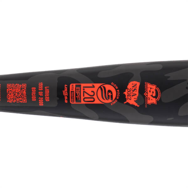 Close-up of a black and gray camouflage softball bat barrel with orange BPF 1.20 and Limited Edition text.