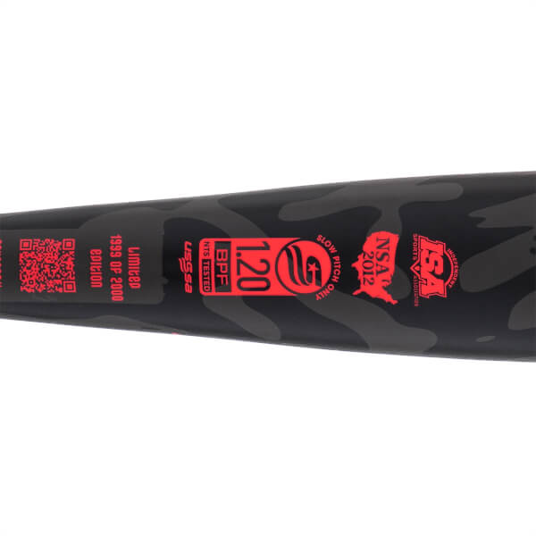 Close-up of a black and gray camouflage softball bat barrel with red USSSA, BPF 1.20, and NSA 2012 stamps.