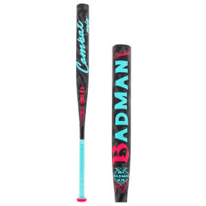 Full and barrel views of a black softball bat with teal Combat mfg script and large pink and teal BADMAN lettering.