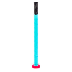 Close-up of a multi-colored bat handle with bright blue grip tape, a red knob, and a black patterned top.