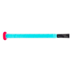 Side view of a softball bat handle with aqua grip tape, a hot pink knob, and a black and grey camouflage transition.