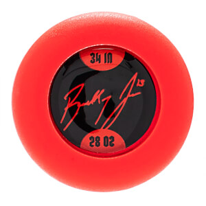 Top-down view of a red softball bat end cap with a black insert displaying 34 IN, 28 OZ, and a red signature.