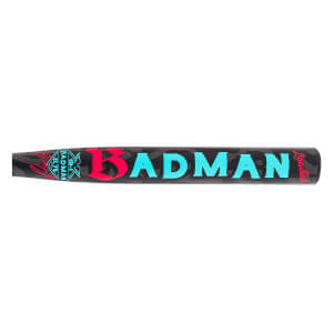 Side view of a dark gray softball bat with pink and teal BADMAN text, camouflage, and Loaded text.