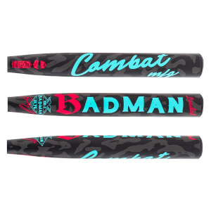 Full side view of a dark gray camouflage softball bat with Combat in teal and BADMAN in teal and red.