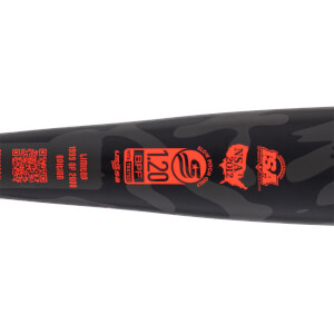 Close-up of a black and gray camouflage softball bat barrel with orange BPF 1.20 and Limited Edition text.
