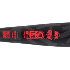 Close-up of a black and gray camouflage softball bat barrel with red USSSA, BPF 1.20, and NSA 2012 stamps.
